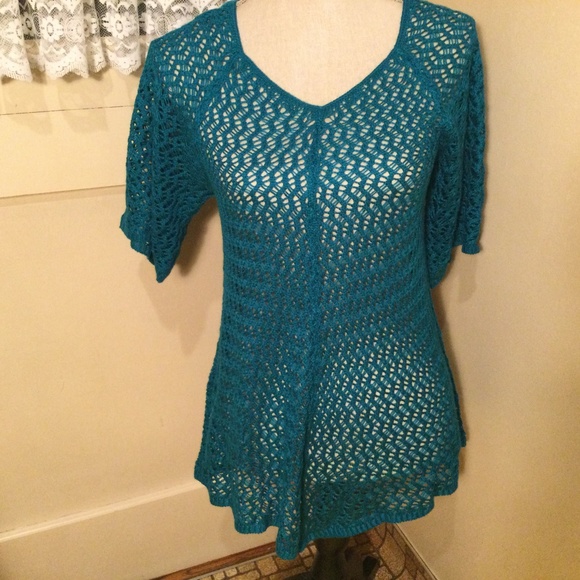 Faded Glory, teal, V neck, soft Sweaters - ‘Teal knitted short sleeve sweater by Faded Glory